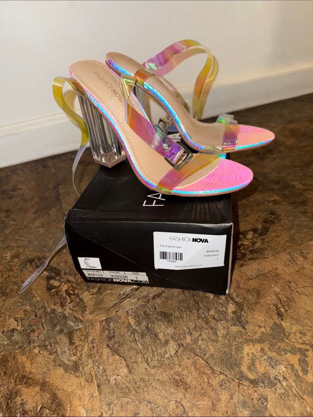 Fashion Nova Iridescent Multi-Color Clear Strap Block Heel Sandals